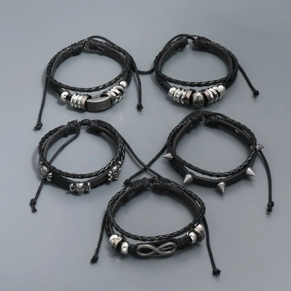 5 pcs Men Skull Black Faux Leather Bracelet Set - Picture 5 of 6